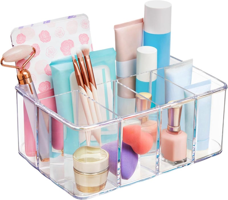 STORi 5-Compartment Clear Plastic Organizer | Rectangular Divided Makeup and Vanity Storage Bin and Office Desk Caddy | Scalloped Wall Design | Made in USA - Image 1