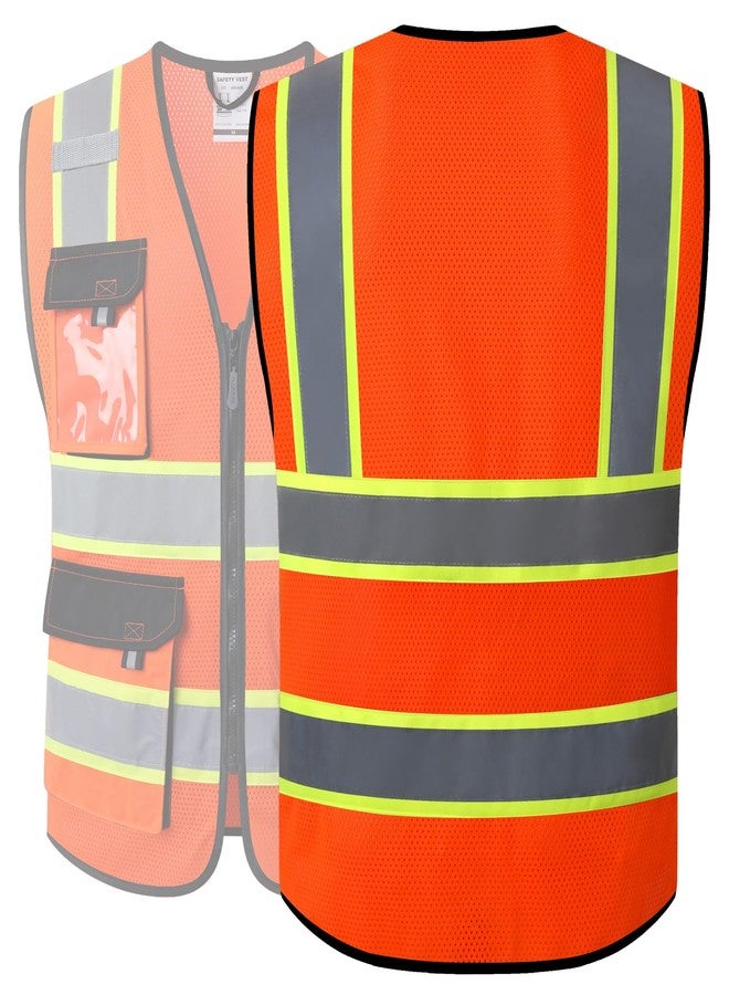 JKSafety سترات أمان عاكسة عالية الوضوح من JKSafety للرجال والنساء، سترة عالية الوضوح مزودة بجيوب، مصنوعة من نسيج شبكي، ملابس أمان، سترة نيون للعمل (220-برتقالي L) - Image 5