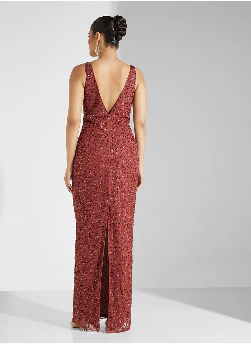 Amelia Rose V-Neck Sequin Maxi Dress