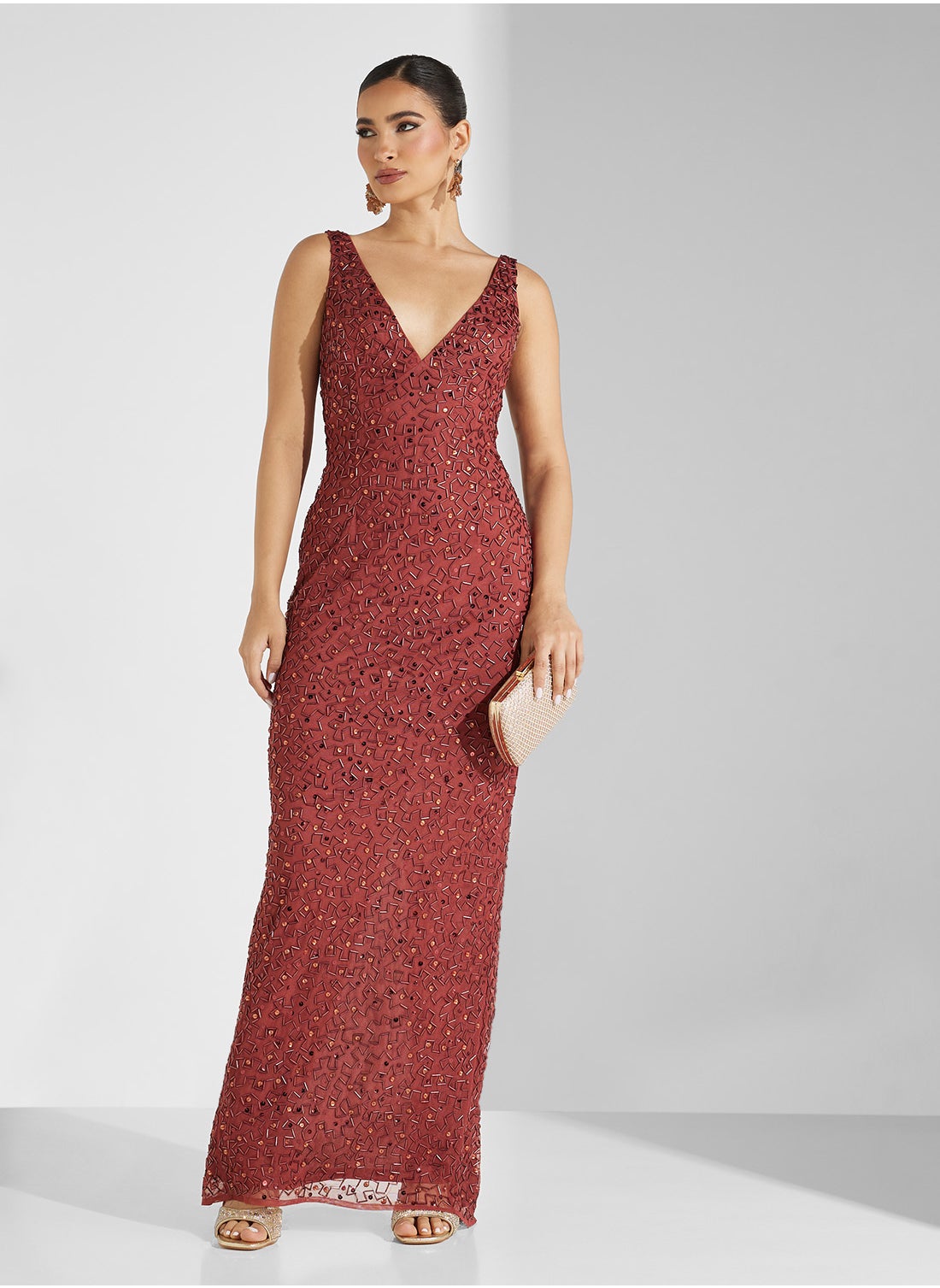 AIDAN MATTOX V-Neck Sequin Maxi Dress for Women | Best Price KSA