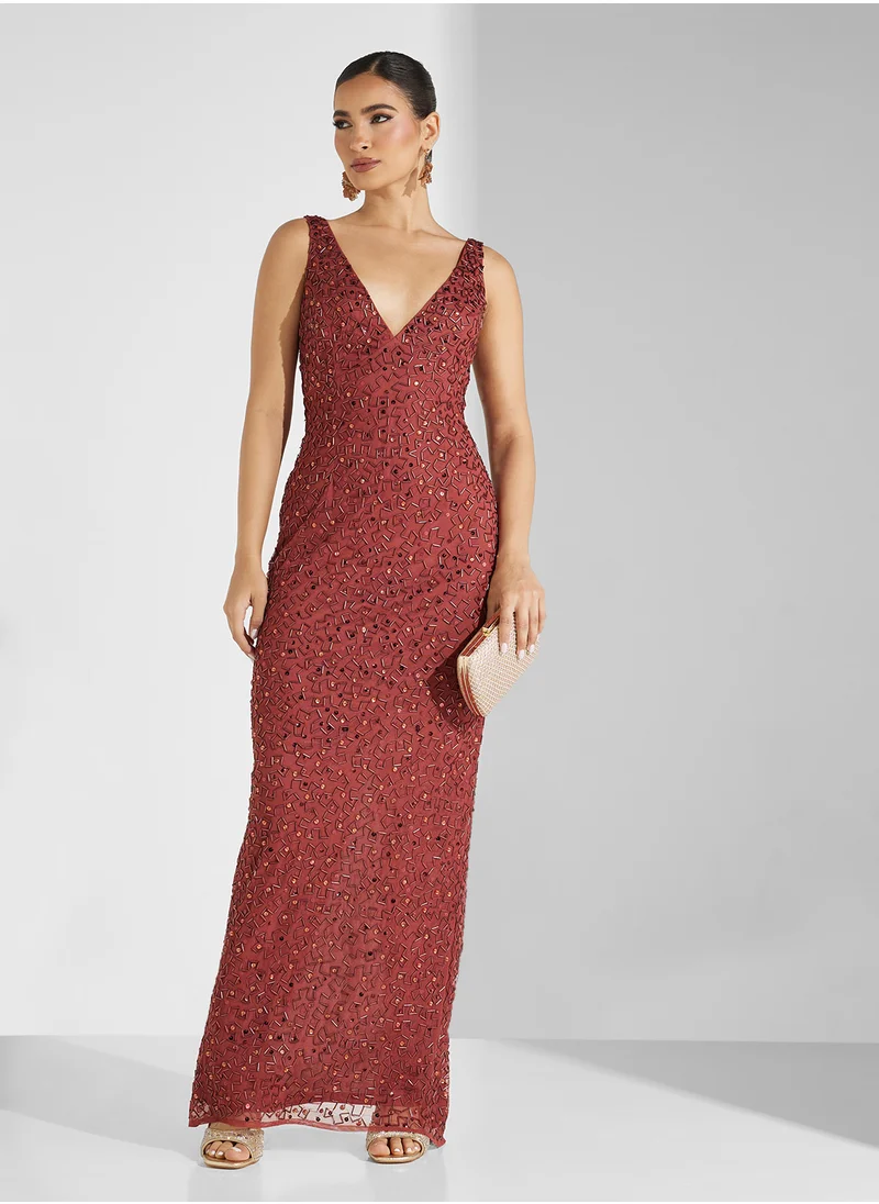 اميليا روز V-Neck Sequin Maxi Dress