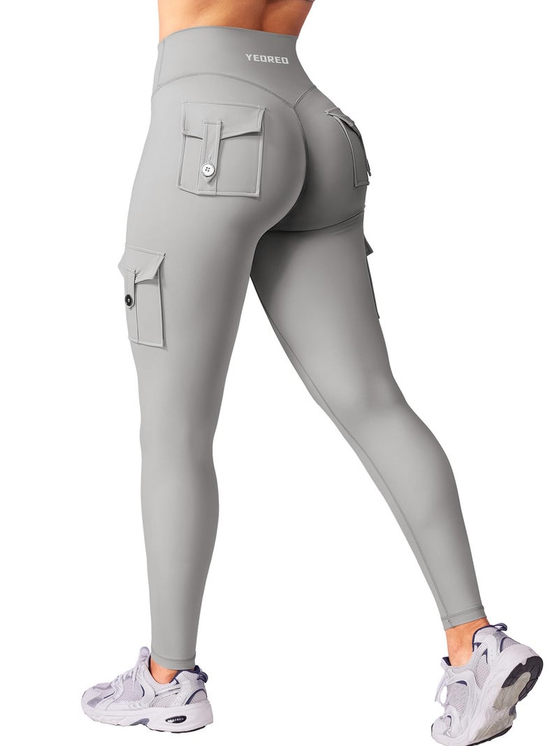 YEOREO CoreFlex Workout Cargo Leggings with Pockets for Women Hidden Scrunch Butt Lifting Leggings Gym Yoga Pants Light Grey M - Image 1