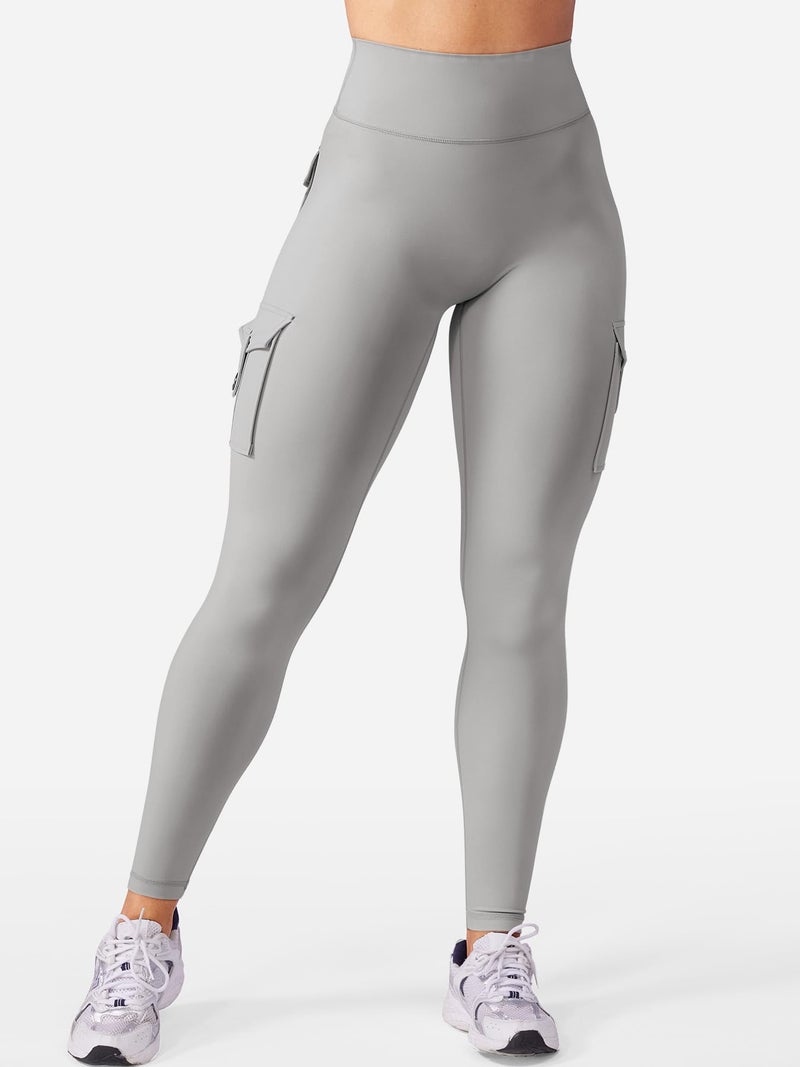 YEOREO CoreFlex Workout Cargo Leggings with Pockets for Women Hidden Scrunch Butt Lifting Leggings Gym Yoga Pants Light Grey M - Image 4