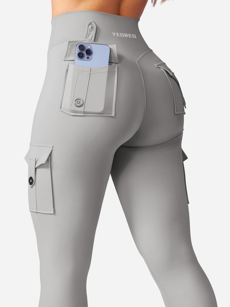 YEOREO CoreFlex Workout Cargo Leggings with Pockets for Women Hidden Scrunch Butt Lifting Leggings Gym Yoga Pants Light Grey M - Image 3