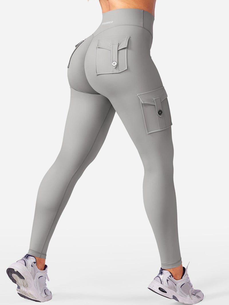 YEOREO CoreFlex Workout Cargo Leggings with Pockets for Women Hidden Scrunch Butt Lifting Leggings Gym Yoga Pants Light Grey M - Image 5
