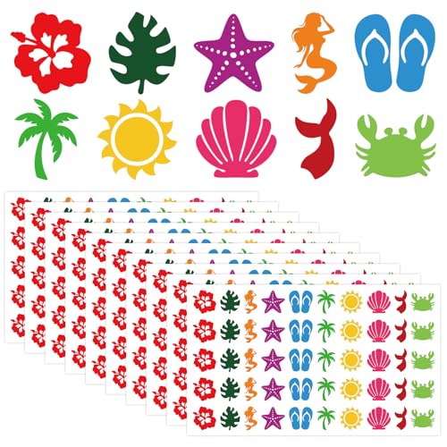 Whaline 500Pcs Sea Beach Tanning Sunbathing Stickers Starfish Sun Palm Hibiscus Self Adhesive Body Decals for Summer Hawaiian Tropical Luau Salon Party Supplies - Image 1
