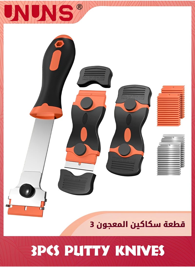 UNUNS - مكشطة شفرة الحلاقة، 3 عبوات من أدوات مكشطة الحلاقة مع 30 شفرة بلاستيكية و30 شفرة حلاقة معدنية، مكشطة تنظيف 2 في 1 لإزالة الملصقات، وملصق التسجيل، والصبغة، والشحوم من الزجاج الأمامي، والأجهزة، والزجاج - Image 1