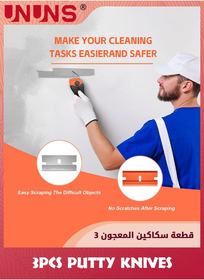UNUNS - مكشطة شفرة الحلاقة، 3 عبوات من أدوات مكشطة الحلاقة مع 30 شفرة بلاستيكية و30 شفرة حلاقة معدنية، مكشطة تنظيف 2 في 1 لإزالة الملصقات، وملصق التسجيل، والصبغة، والشحوم من الزجاج الأمامي، والأجهزة، والزجاج - Image 1