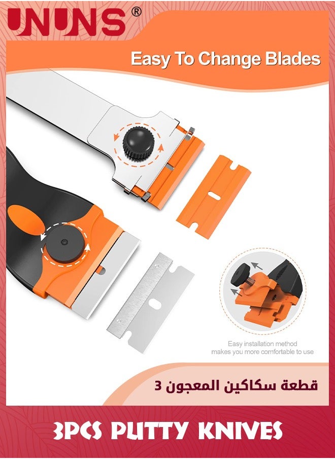 UNUNS - مكشطة شفرة الحلاقة، 3 عبوات من أدوات مكشطة الحلاقة مع 30 شفرة بلاستيكية و30 شفرة حلاقة معدنية، مكشطة تنظيف 2 في 1 لإزالة الملصقات، وملصق التسجيل، والصبغة، والشحوم من الزجاج الأمامي، والأجهزة، والزجاج - Image 1