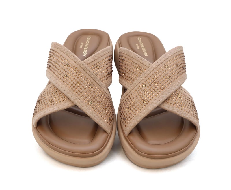 YOKI NOMI-05 Womenâ€™s Wedge Sandals with Rhinestone Straps â€“ Bling Sandals, Sparkly Dressy Wedges, Fancy Platform Wedges - Mocha, Size 6 - Image 3