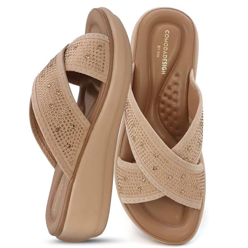 YOKI NOMI-05 Womenâ€™s Wedge Sandals with Rhinestone Straps â€“ Bling Sandals, Sparkly Dressy Wedges, Fancy Platform Wedges - Mocha, Size 6 - Image 1