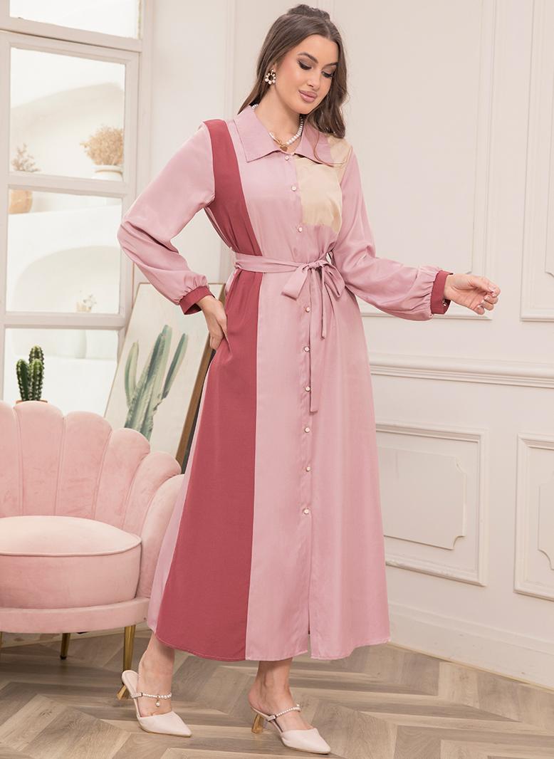 فرايديين لطيف طوق متقلب تباين اللون اللون الصامد الربط حزام جيب كم القميص فساتين طويلة وردي - Image 1