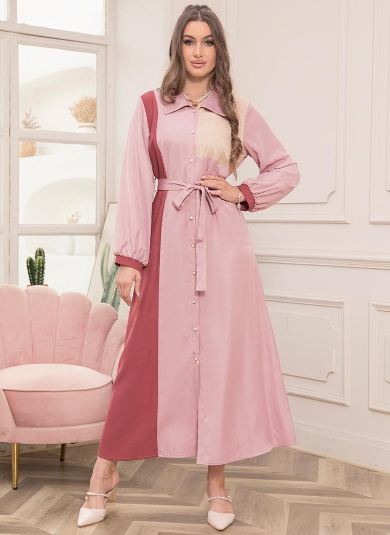 فرايديين لطيف طوق متقلب تباين اللون اللون الصامد الربط حزام جيب كم القميص فساتين طويلة وردي - Image 5