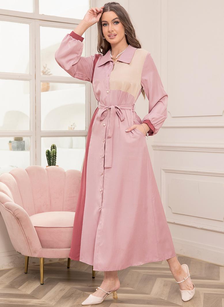 فرايديين لطيف طوق متقلب تباين اللون اللون الصامد الربط حزام جيب كم القميص فساتين طويلة وردي - Image 3