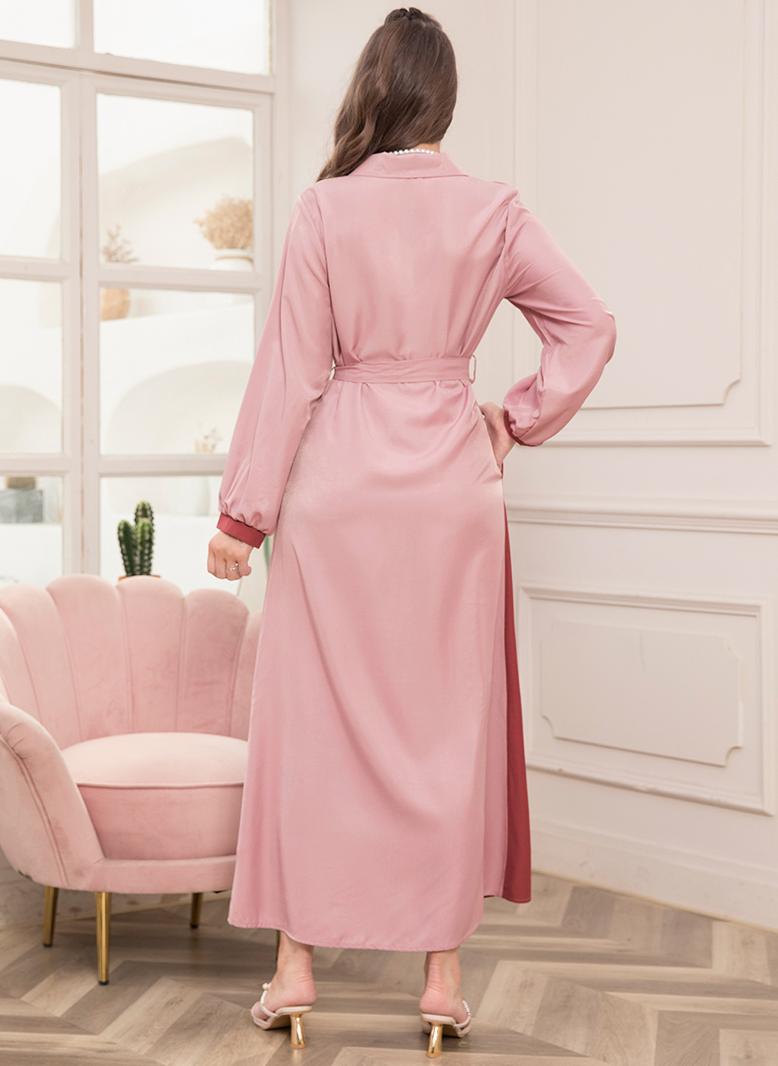 فرايديين لطيف طوق متقلب تباين اللون اللون الصامد الربط حزام جيب كم القميص فساتين طويلة وردي - Image 2