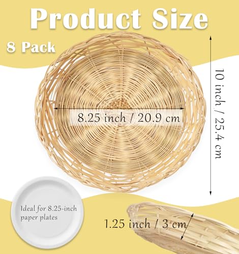 Cheardia 8 Pack Bamboo Paper Plate Holders, 10 Inches Reusable Wicker Charger Plates for Dinner Plates Natural Hand Woven Wicker Paper Plate Baskets for Home Party Daily Dinning Picnic - Image 2