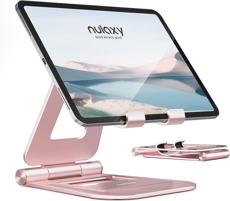 nulaxy Aluminum Dual Foldable iPad Stand, Fully Adjustable Desktop Tablet Holder, Tablet Accessories for Office Kindle Compatible with Mobile Devices iPad Pro/Air/Mini, iPhone Pro/Max/Plus, Rose Gold - Image 1