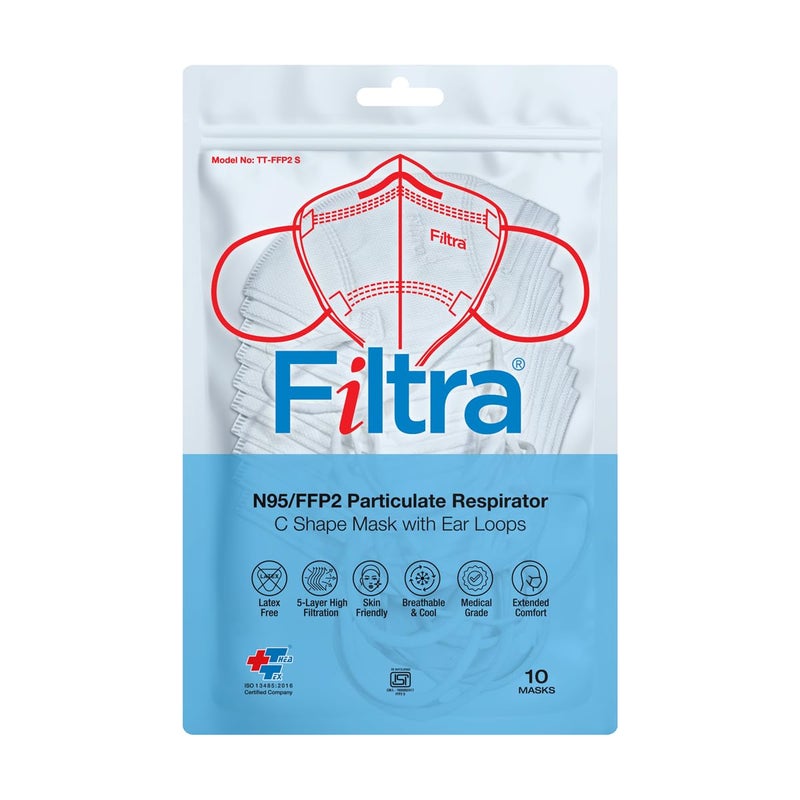 Filtra ® N95 Mask with Ear Loops | FFP2 Mask with Ear Loops | BIS Certified | 5 Layer & Thick Ear Loops | High Filtration | Zip Lock Travel Pouch of 10 Masks - Image 2