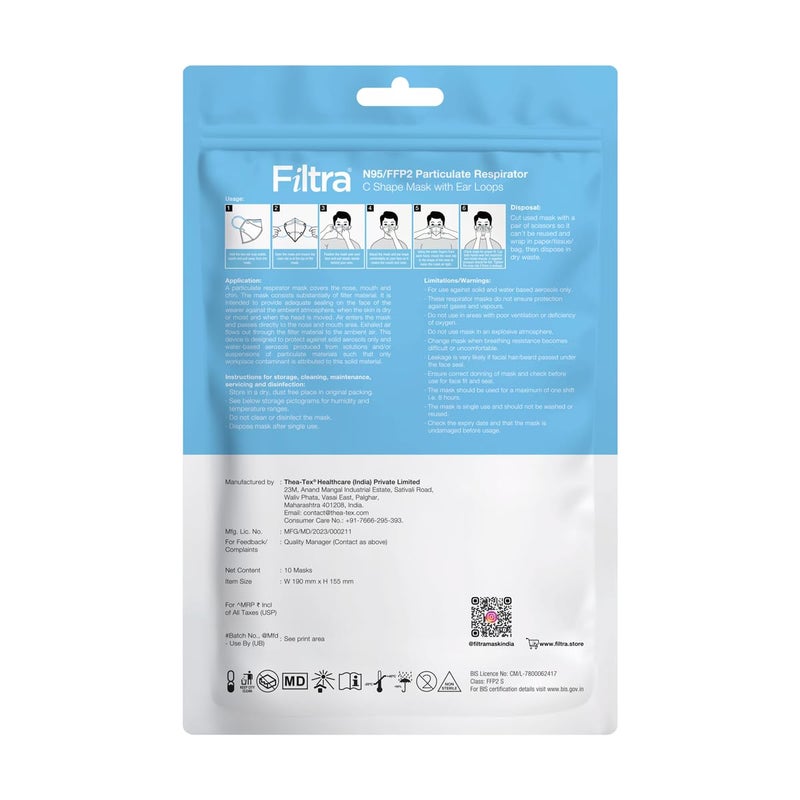 Filtra ® N95 Mask with Ear Loops | FFP2 Mask with Ear Loops | BIS Certified | 5 Layer & Thick Ear Loops | High Filtration | Zip Lock Travel Pouch of 10 Masks - Image 3