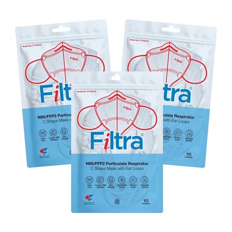 Filtra ® N95 Mask with Ear Loops | FFP2 Mask with Ear Loops | BIS Certified | 5 Layer & Thick Ear Loops | High Filtration | Zip Lock Travel Pouch of 10 Masks - Image 1