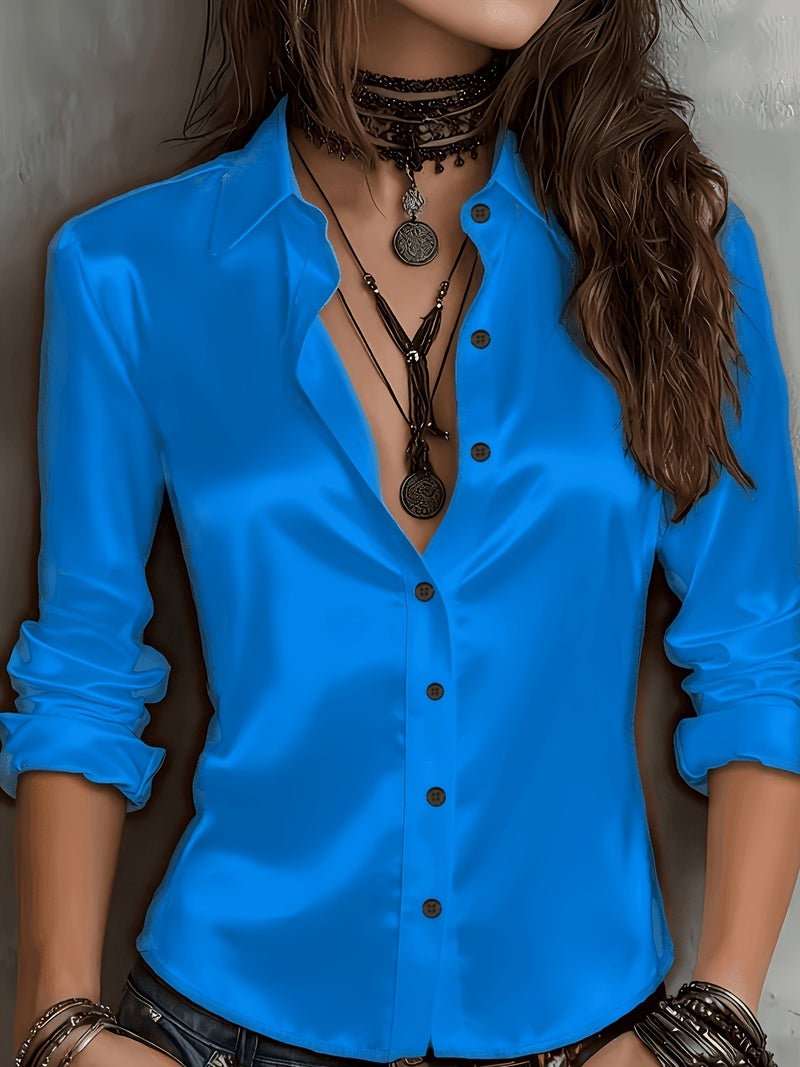 Qi Ta Women's 3D Printed Long Sleeve Satin Shirt - Light Grayish Blue, Open Front Cardigan Style, Loose Fit - Image 3