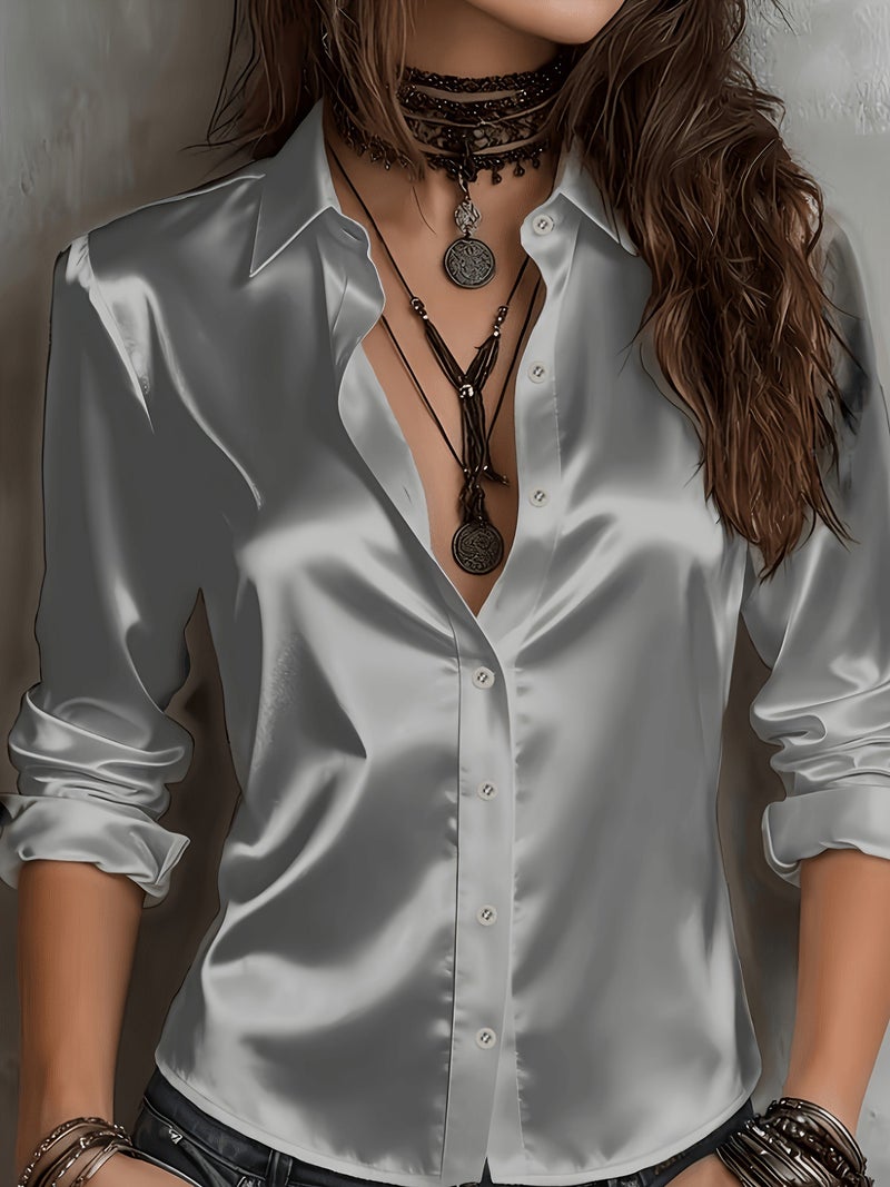 Qi Ta Women's 3D Printed Long Sleeve Satin Shirt - Light Grayish Blue, Open Front Cardigan Style, Loose Fit - Image 2