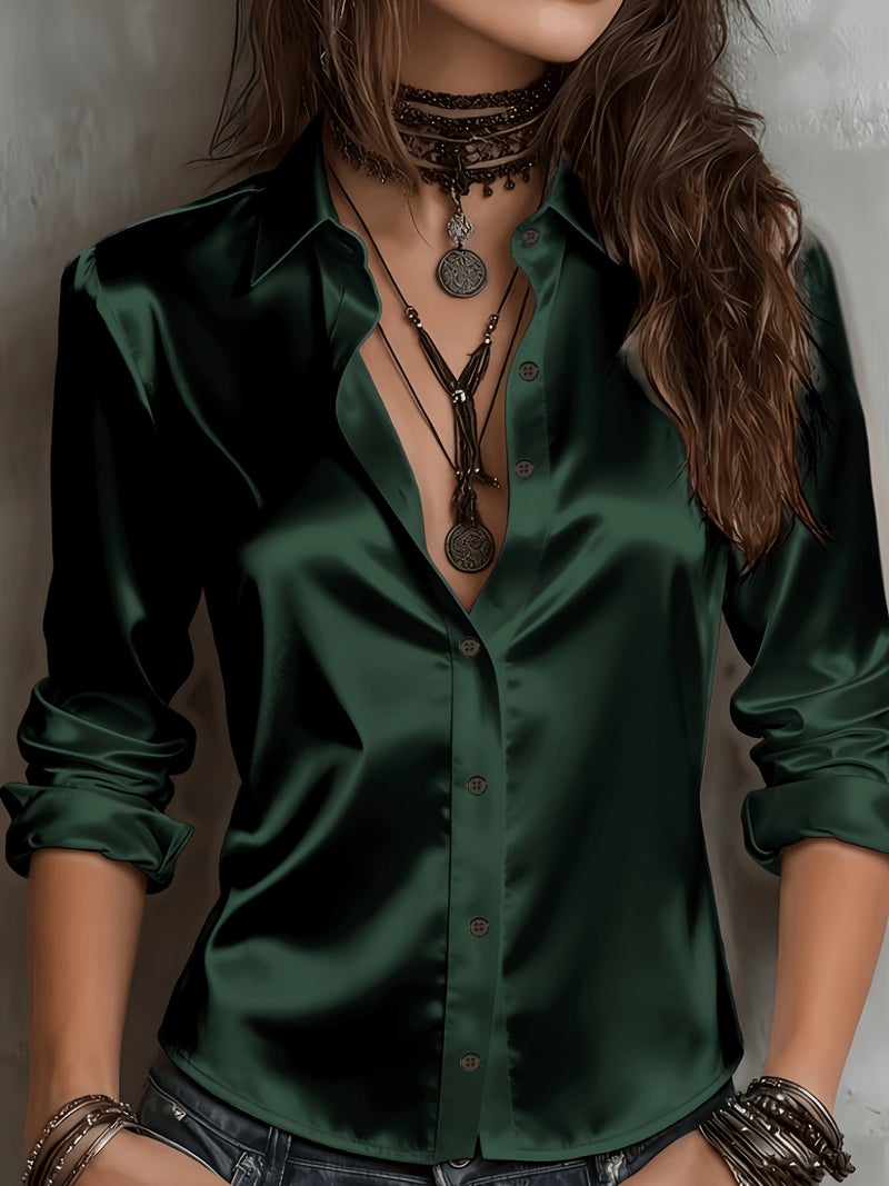 Qi Ta Women's 3D Printed Long Sleeve Satin Shirt - Light Grayish Blue, Open Front Cardigan Style, Loose Fit - Image 1