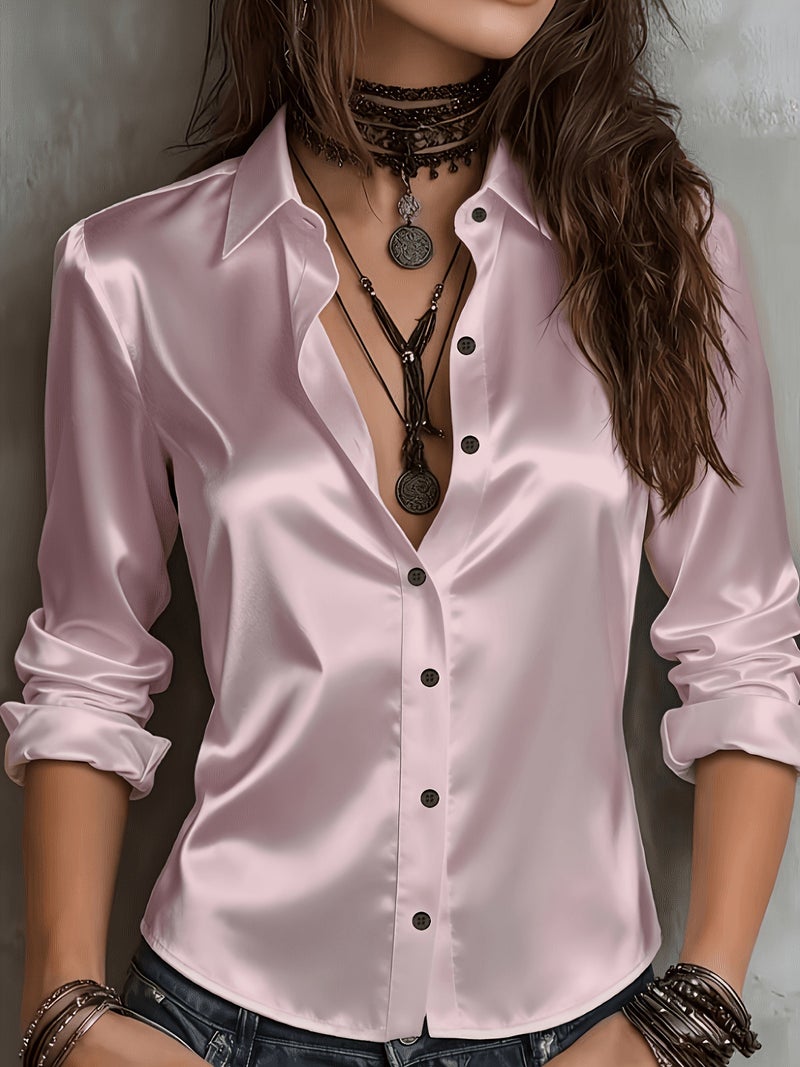 Qi Ta Women's 3D Printed Long Sleeve Satin Shirt - Light Grayish Blue, Open Front Cardigan Style, Loose Fit - Image 5