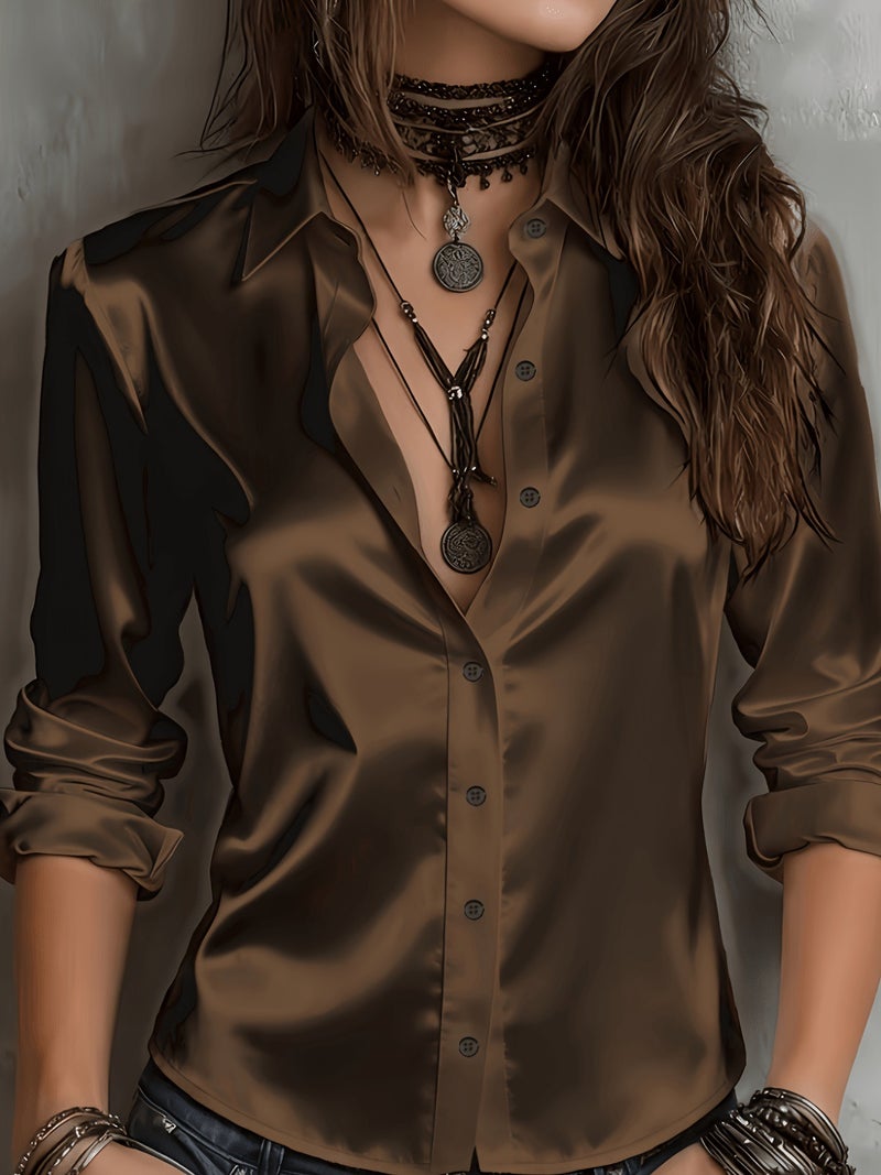 Qi Ta Women's 3D Printed Long Sleeve Satin Shirt - Light Grayish Blue, Open Front Cardigan Style, Loose Fit - Image 4