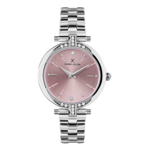 Daniel Klein Analog Pink Round Dial Silver Metal Strap Stone-Studded Water-Resistant Wrist Watch for Women Girls, Ladies DK.1.12320-7 - Image 1