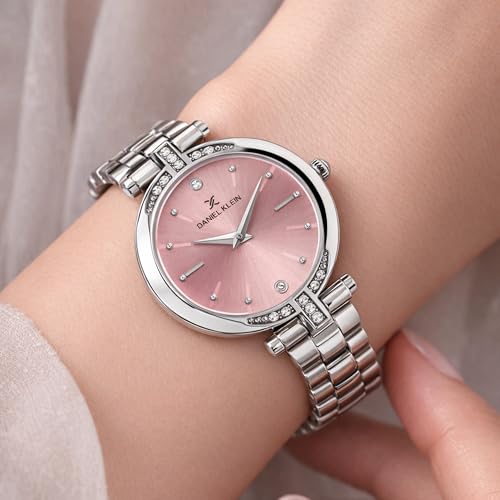 Daniel Klein Analog Pink Round Dial Silver Metal Strap Stone-Studded Water-Resistant Wrist Watch for Women Girls, Ladies DK.1.12320-7 - Image 3