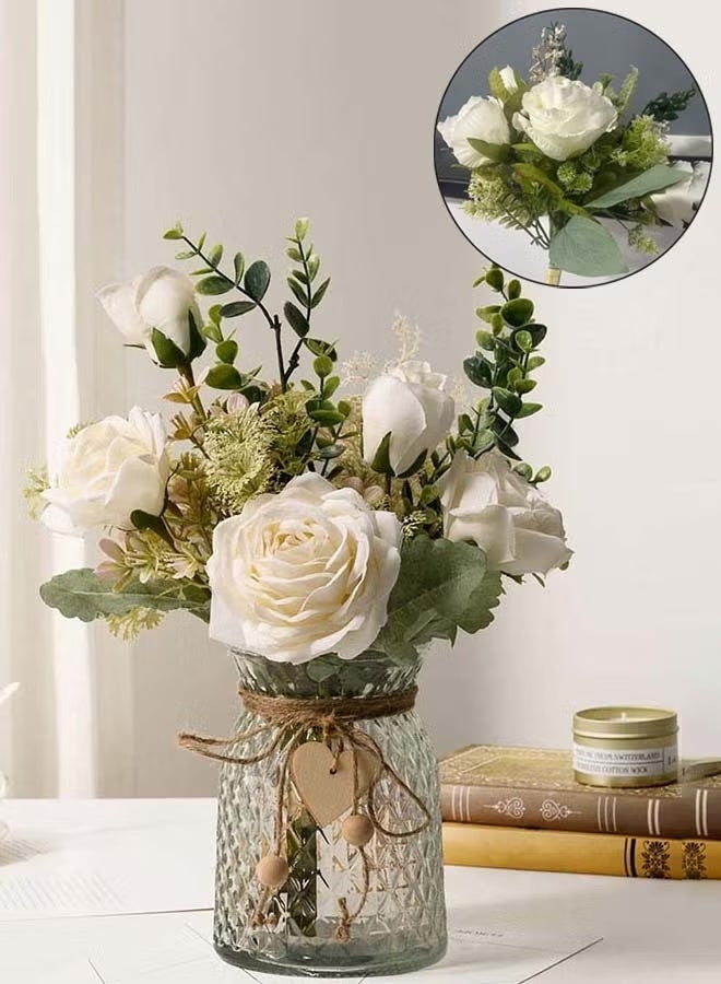 DUNISO Fake Flowers, Silk Roses Artificial Flowers, White Faux Flower Arrangement Suitable for Home Office Decoration, Dining Table Centerpiece (No Vase) - Image 1