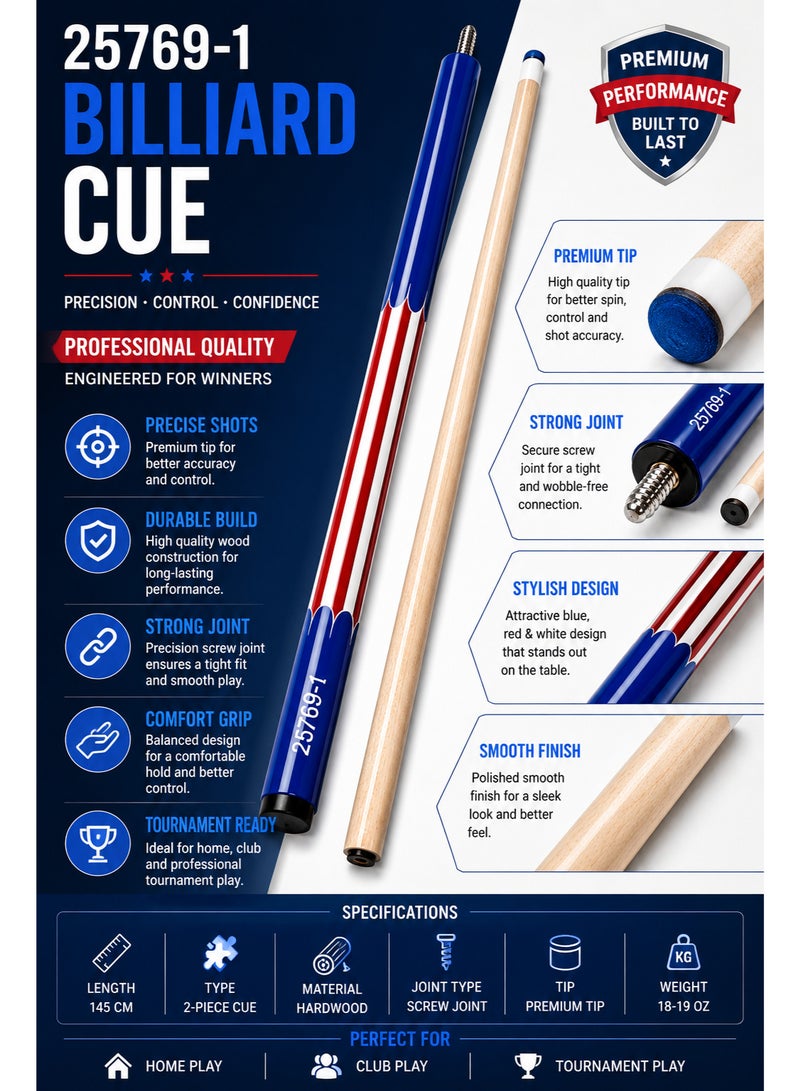 25769-1 Professional Billiard Cue Stick 145CM Wooden Pool Cue With Premium Tip Blue Red Design - Image 5