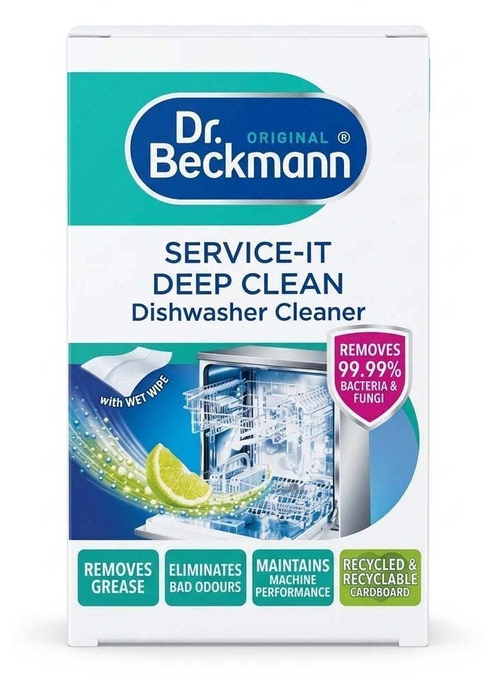 Dr. Beckmann Service-It Deep Clean Dishwasher Cleaner 75g with Wet Wipe for Removing Grease, Food Residue, Limescale & Unpleasant Odors, Helping Maintain Dishwasher Hygiene - Image 1