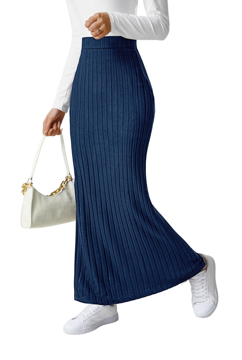 Rooscier Women's Ribbed Knit Side Slit Bodycon High Waisted Casual Long Skirts Plain Navy Blue Medium - Image 1