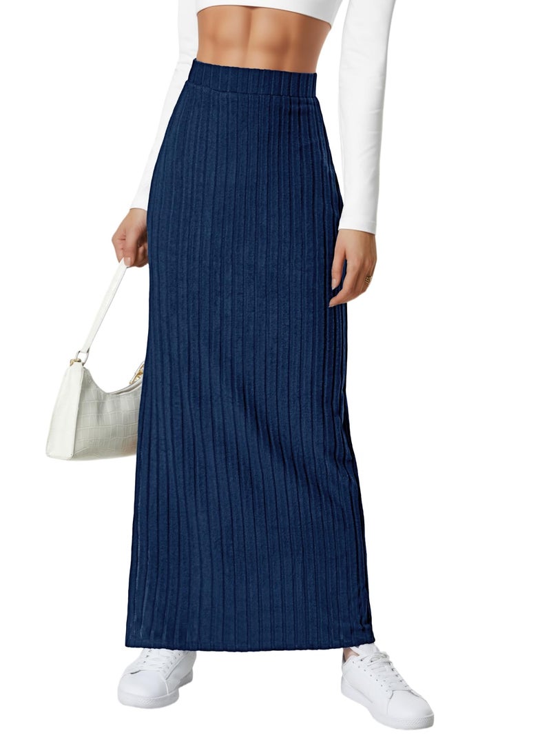 Rooscier Women's Ribbed Knit Side Slit Bodycon High Waisted Casual Long Skirts Plain Navy Blue Medium - Image 4