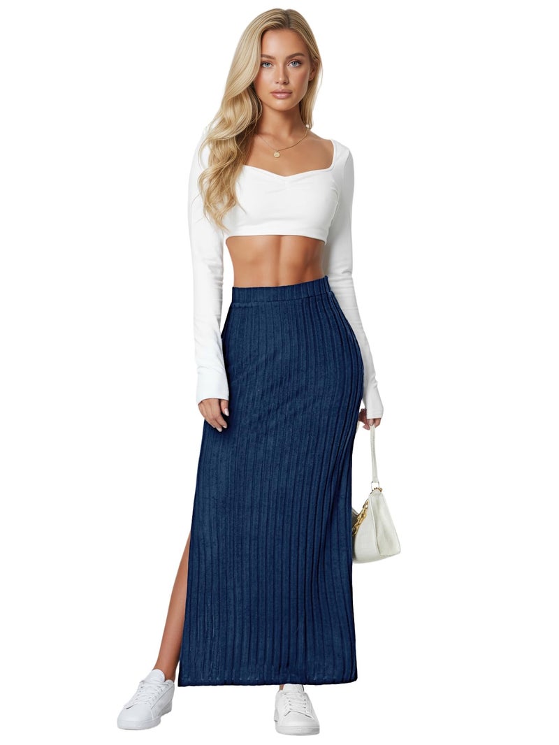Rooscier Women's Ribbed Knit Side Slit Bodycon High Waisted Casual Long Skirts Plain Navy Blue Medium - Image 5