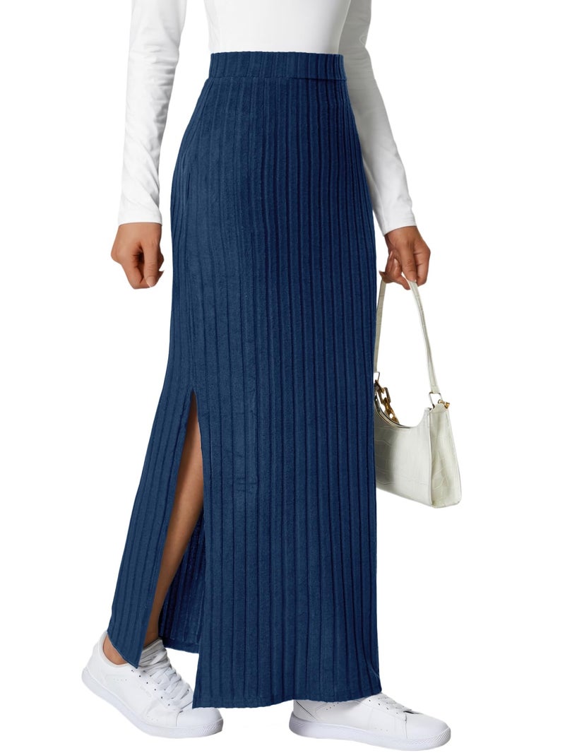 Rooscier Women's Ribbed Knit Side Slit Bodycon High Waisted Casual Long Skirts Plain Navy Blue Medium - Image 3