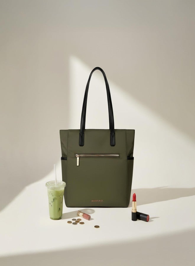 Accessorize London Women's Olive Green Kimberly Nylon Zippered Tote | water-resistant Shoulder Bag | Stylish Casual & Travel Handbag - Image 4
