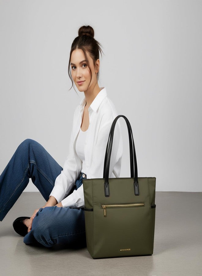 Accessorize London Women's Olive Green Kimberly Nylon Zippered Tote | water-resistant Shoulder Bag | Stylish Casual & Travel Handbag - Image 2