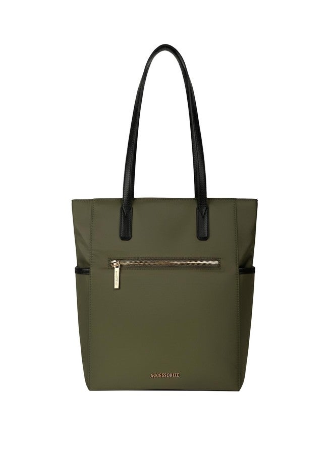 Accessorize London Women's Olive Green Kimberly Nylon Zippered Tote | water-resistant Shoulder Bag | Stylish Casual & Travel Handbag - Image 1