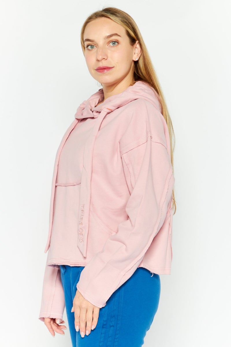 TRIBE OF 6 Women Hooded Embroidered Logo Long Sleeve Sweatshirt, Pink - Image 4