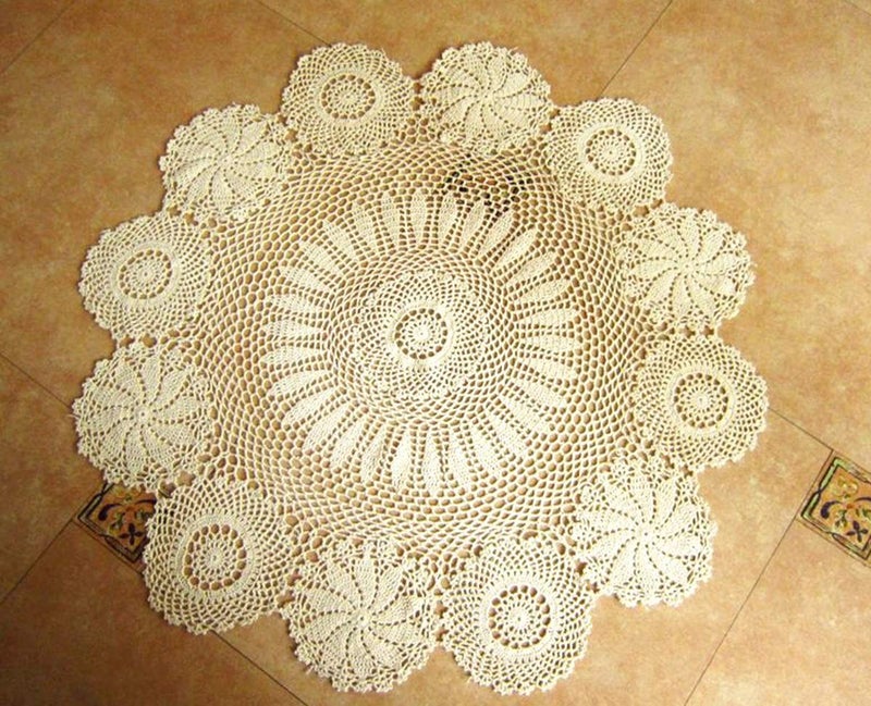 Hetao 100% Cotton Handmade Crochet Round Tablecloth Doilies Lace Table Covers Beige  35 Inch - Image 1