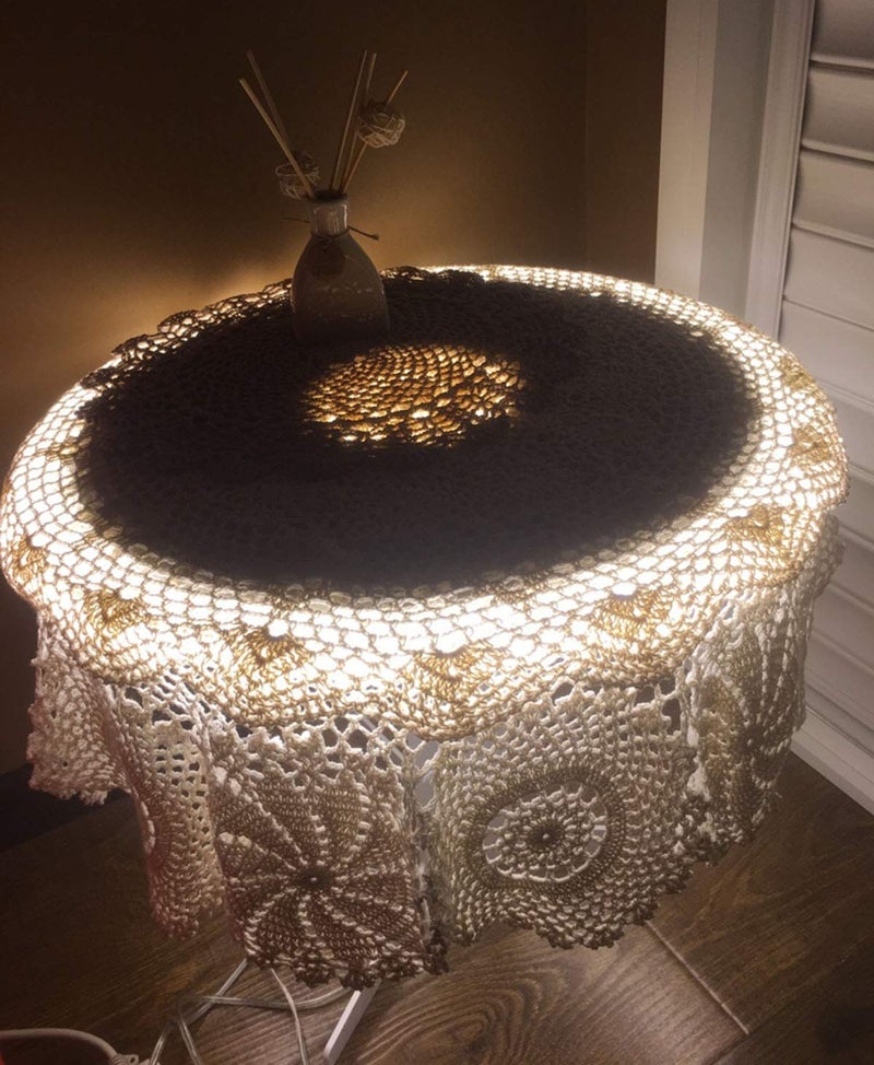Hetao 100% Cotton Handmade Crochet Round Tablecloth Doilies Lace Table Covers Beige  35 Inch - Image 3