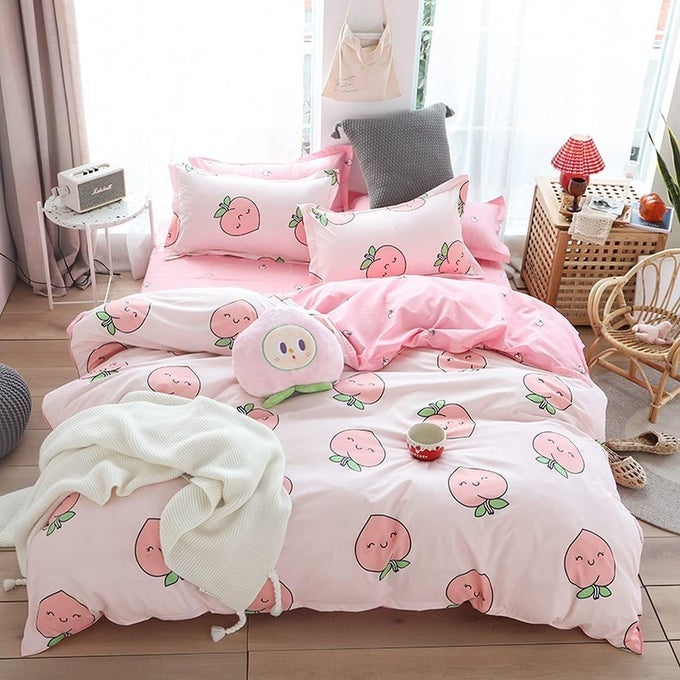 CARTOON DUVET COVER SET SINGLE PINK PEACH BEDDING SET KID KAWAII BEDDING SET GIRL LOVELY PEACH COMFORTER COVER CUTE FRUITS QUILT COVER TROPICAL PLANT BEDDING SOFT BEDSPREAD COVER ROOM DECOR