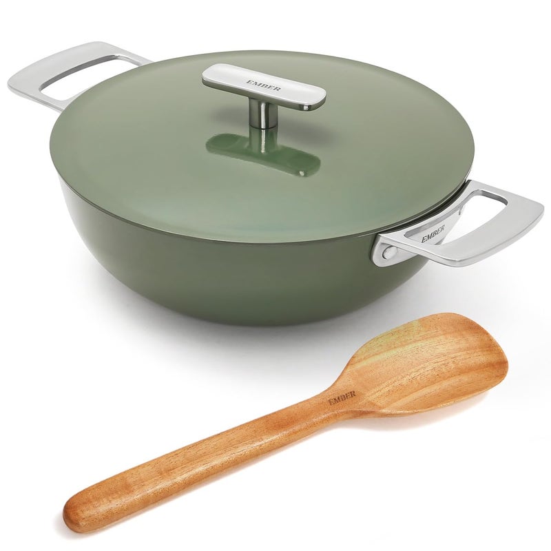 Ember Cookware Ember Cookware Arcilla Ceramic Non Stick Kadai 24cm | Metallic lid | Stainless Steel Handles | 1x Spatula | Induction Safe | Non Toxic Deep Frying Pan | PFAS & PTFE Free | Capri Series | Green  - Image 1