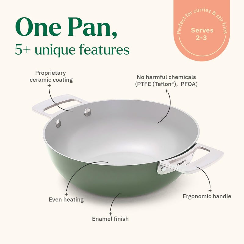 Ember Cookware Ember Cookware Arcilla Ceramic Non Stick Kadai 24cm | Metallic lid | Stainless Steel Handles | 1x Spatula | Induction Safe | Non Toxic Deep Frying Pan | PFAS & PTFE Free | Capri Series | Green  - Image 2