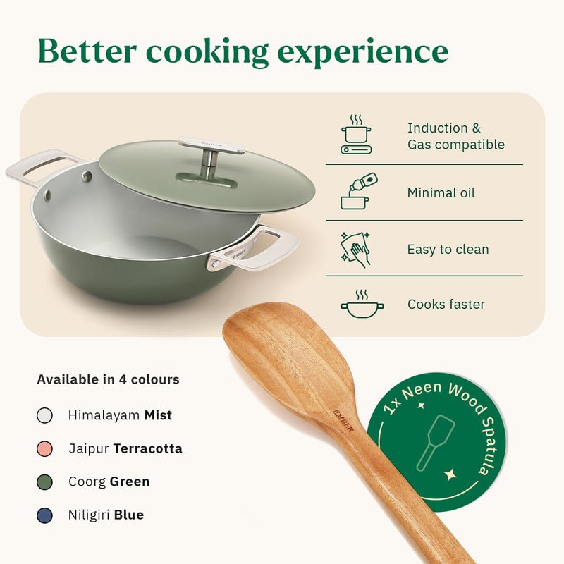 Ember Cookware Ember Cookware Arcilla Ceramic Non Stick Kadai 24cm | Metallic lid | Stainless Steel Handles | 1x Spatula | Induction Safe | Non Toxic Deep Frying Pan | PFAS & PTFE Free | Capri Series | Green  - Image 3