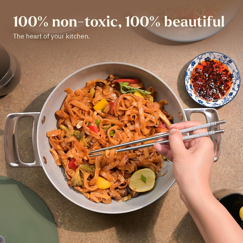 Ember Cookware Ember Cookware Arcilla Ceramic Non Stick Kadai 24cm | Metallic lid | Stainless Steel Handles | 1x Spatula | Induction Safe | Non Toxic Deep Frying Pan | PFAS & PTFE Free | Capri Series | Green  - Image 4