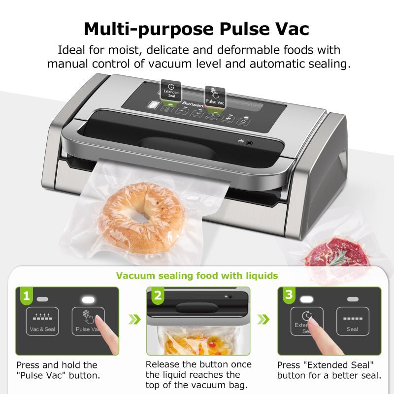 Bonsenkitchen Vacuum Sealer Machine, Powerful Low-Noise Food Vacuum Sealer, Globefish Technology for High-Speed Continuous Working (Full Silver) - Image 3
